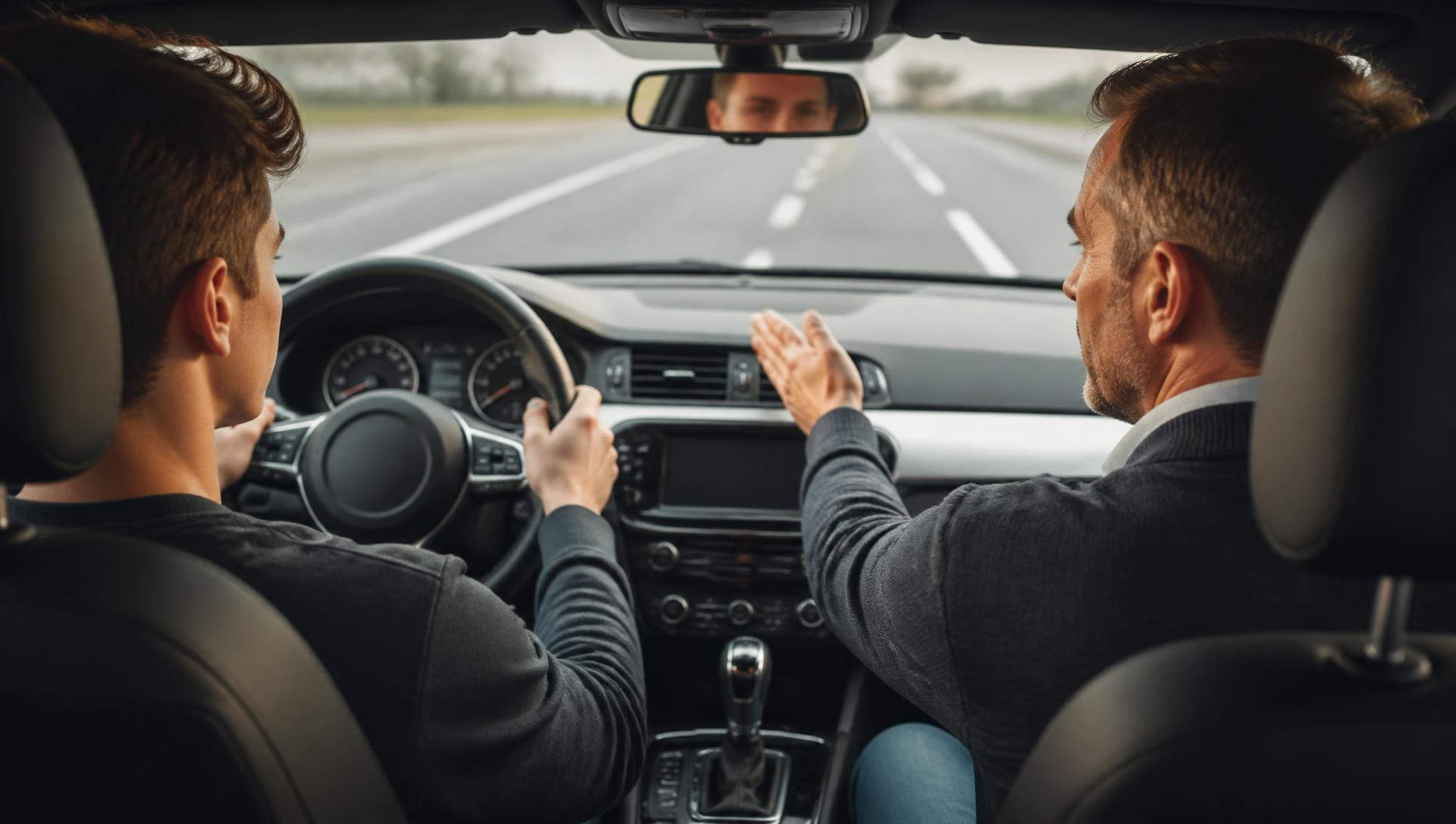 Driving instructor guiding a learner driver on an open road